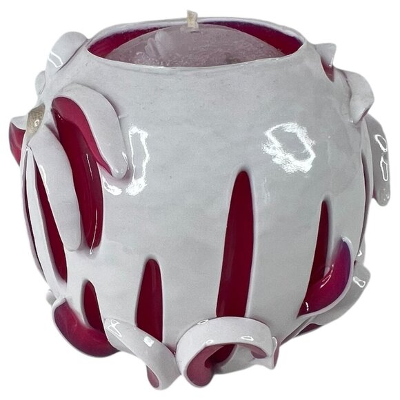 Handcrafted White & Pink Ribbon Candle Sculpted Floral Design Round 3.5” Tall - Picture 2 of 7